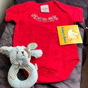 New "Baby's Own" Red Onesie & New Rattle